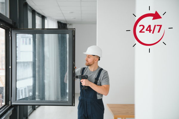 Construction worker using drill while installing window indoors